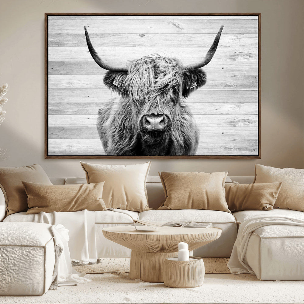 Scottish Highland Cow Cattle Art Print on Wood Background