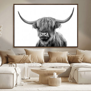 Grayscale Scottish Highland Cow Cattle Art Print Farmhouse