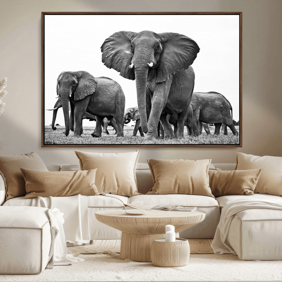Black White Elephant Family Wall Art Canvas Print