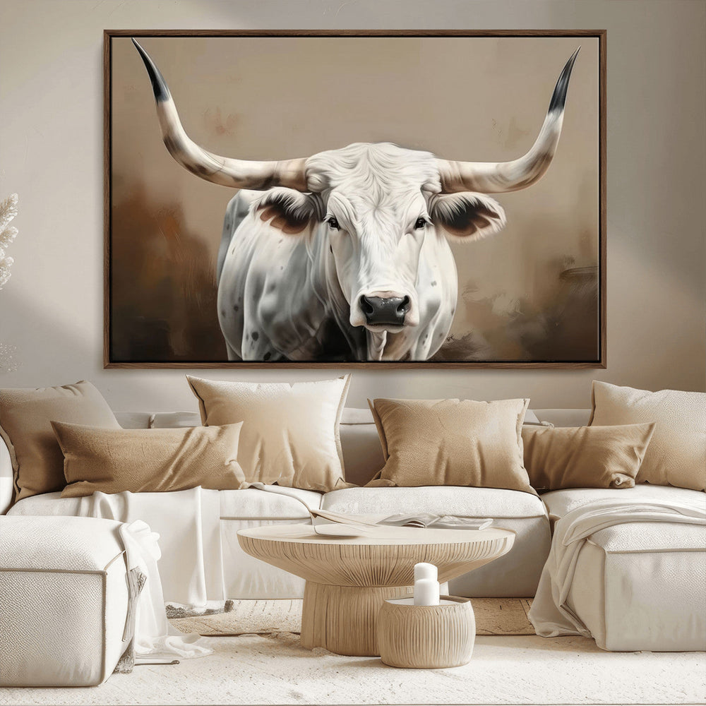White Longhorn Bull Wall Art Canvas Print – Framed and Ready