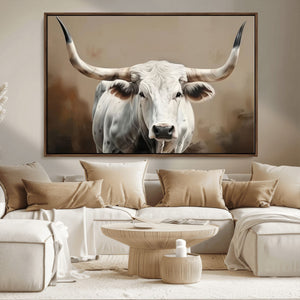 White Longhorn Bull Wall Art Canvas Print – Framed and Ready