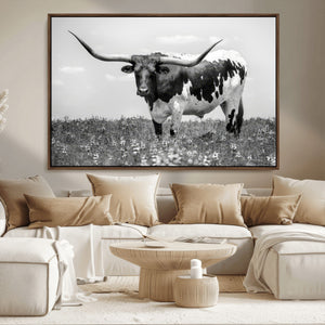 Texas Black White Highland Longhorn Cow Wall Art Canvas
