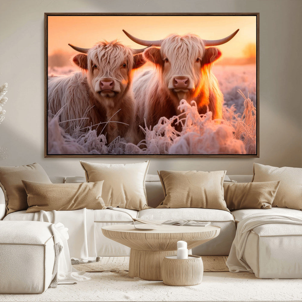 Highland Cows at Sunrise Wall Art Canvas Set – Serene and