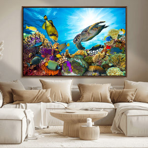 Colorful Coral Reef and Sea Life Turtle Canvas Print,
