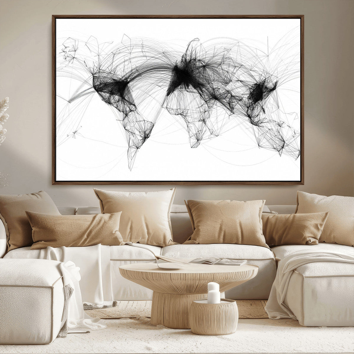 Abstract World Map Wall Art – Framed Geometric Line Canvas