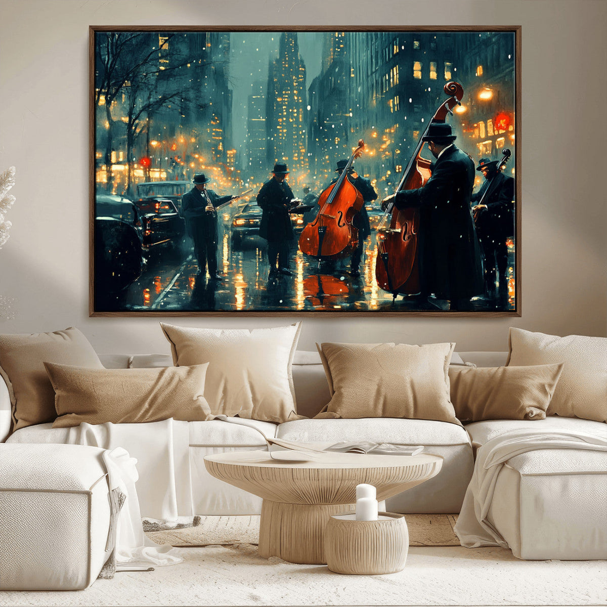 Urban Night Jazz Wall Art Canvas Print – Moody Rain-Soaked