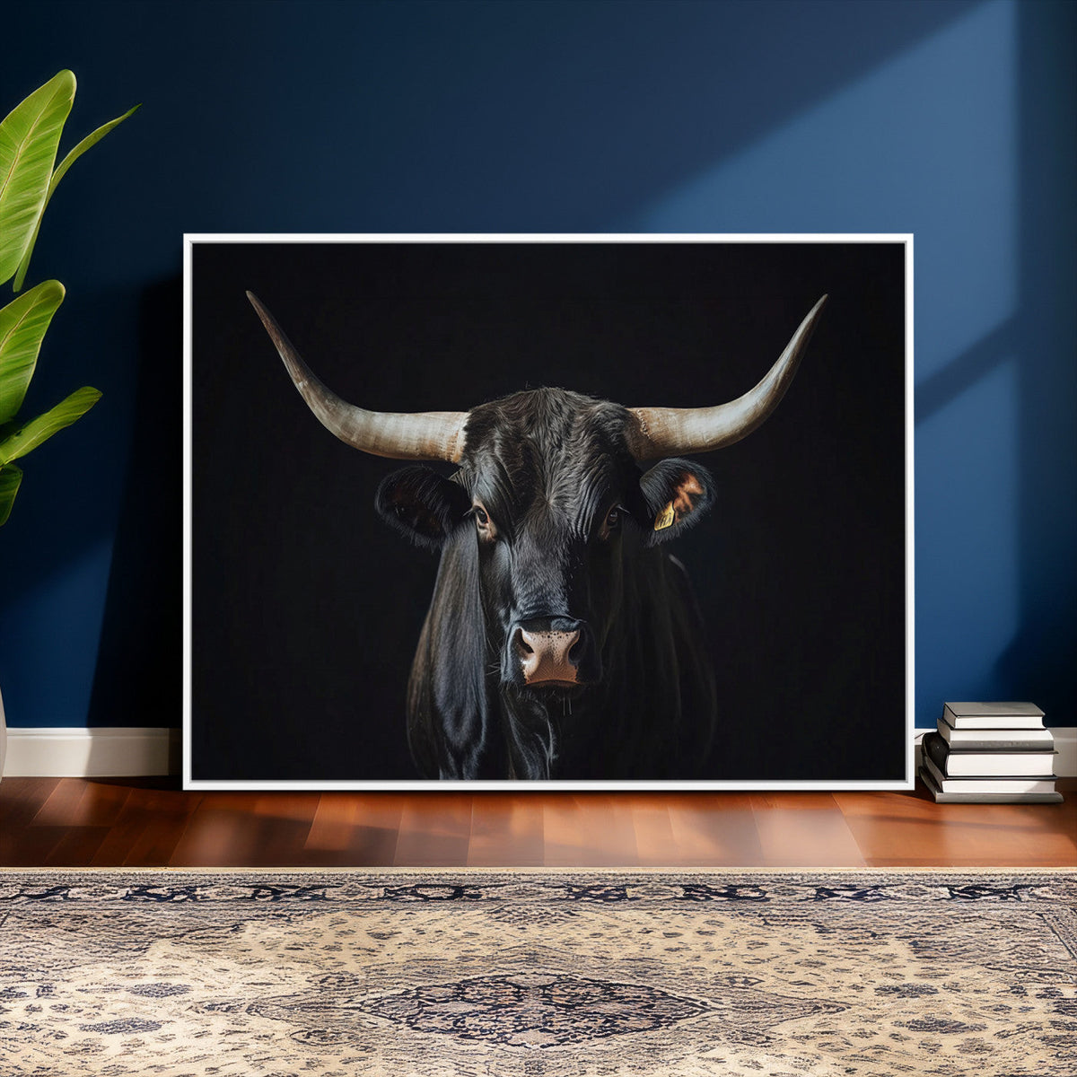 Majestic Longhorn Bull Wall Art Canvas Print – Dark