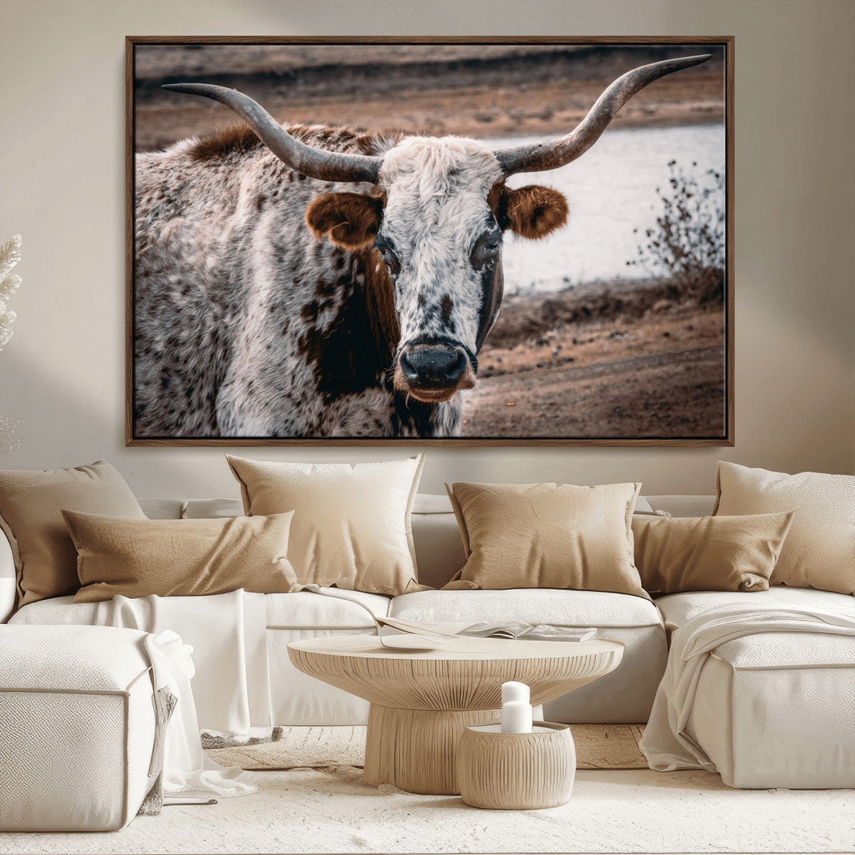 Texas Longhorn Wall Art Canvas Print – Framed Spotted Bull