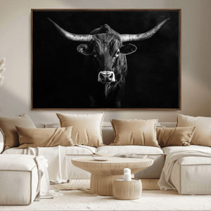 Texas Longhorn Wall Art Canvas Print – Framed Monochrome