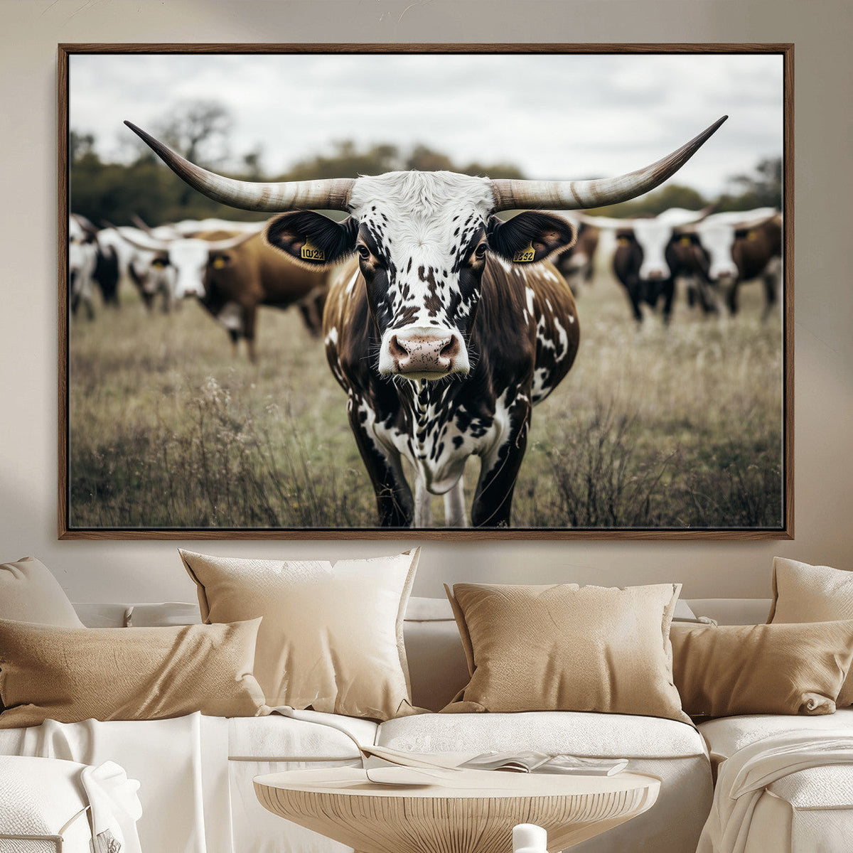 Texas Longhorn Wall Art – Framed Speckled Cow Canvas