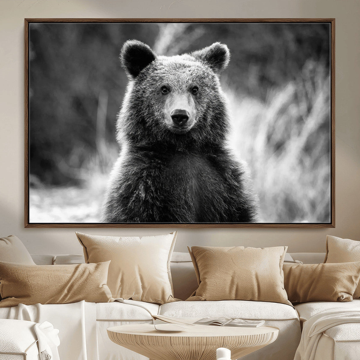 Grizzly Bear Wall Art Canvas Print – Framed Black White