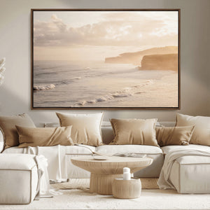 Misty Coastal Wall Art Canvas Print – Framed Golden Sunset