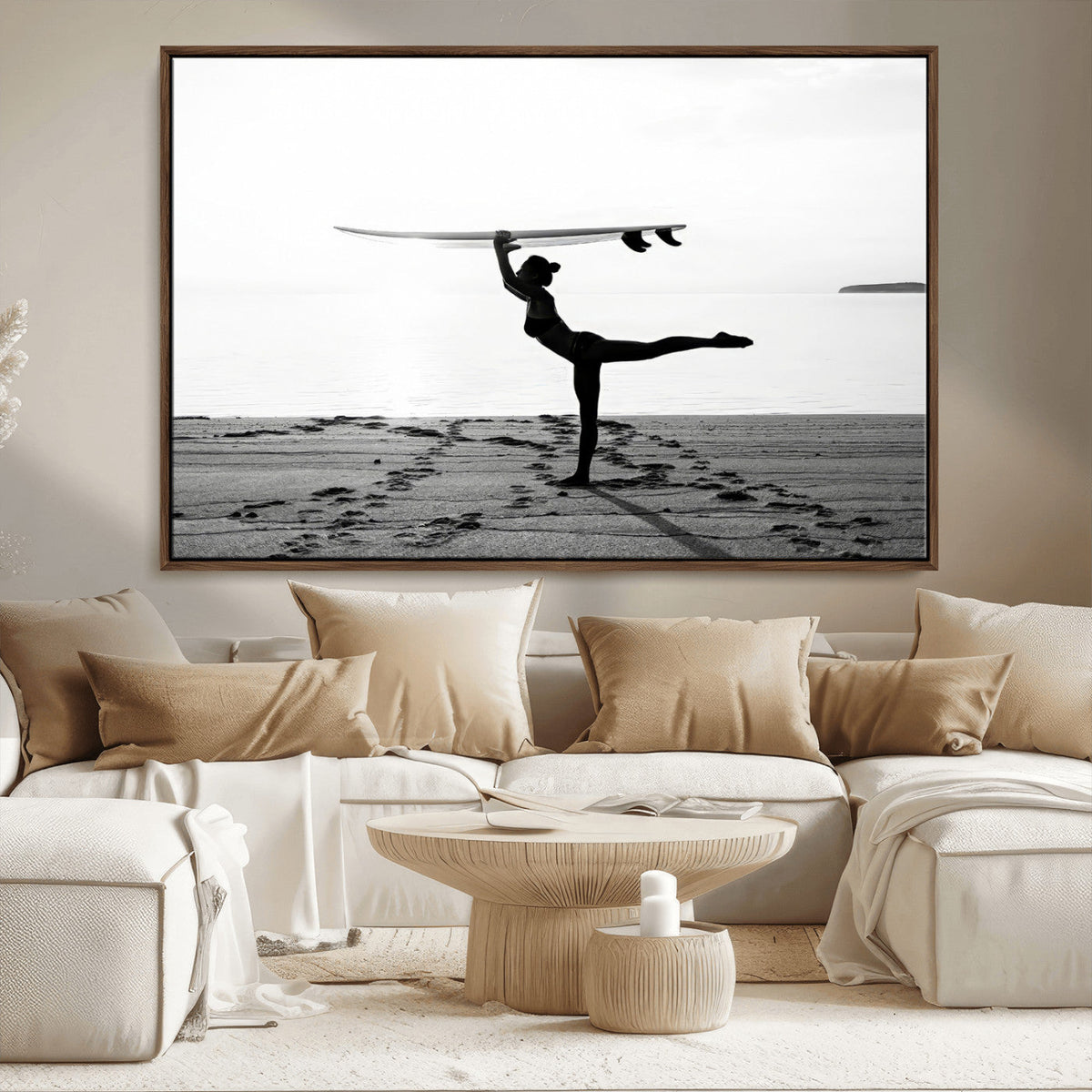 Yoga Surf Wall Art Canvas Print – Framed Black White Shore
