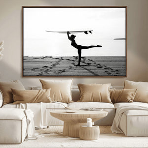 Yoga Surf Wall Art Canvas Print – Framed Black White Shore