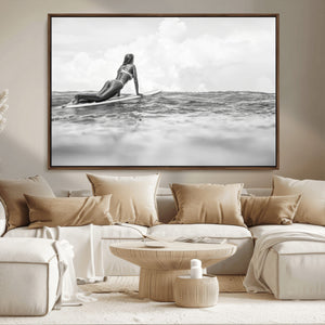 Black and White Surfing Wall Art Canvas Print – Framed Ocean
