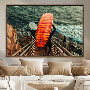 Surfer Stairway Wall Art – Framed Ocean Surf Canvas Artwork,