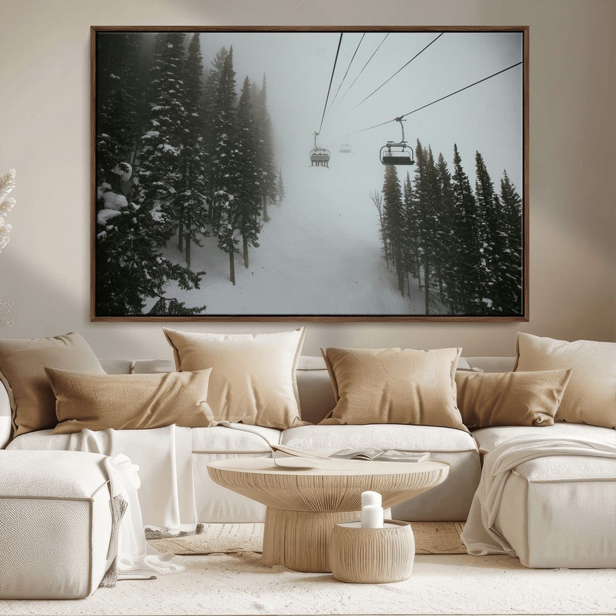 Ski Lift Wall Art Canvas Print – Snowy Pines Misty Landscape