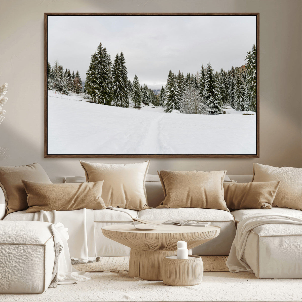 Frosty Pines Wall Art Canvas Print – Framed Silent Snowfall