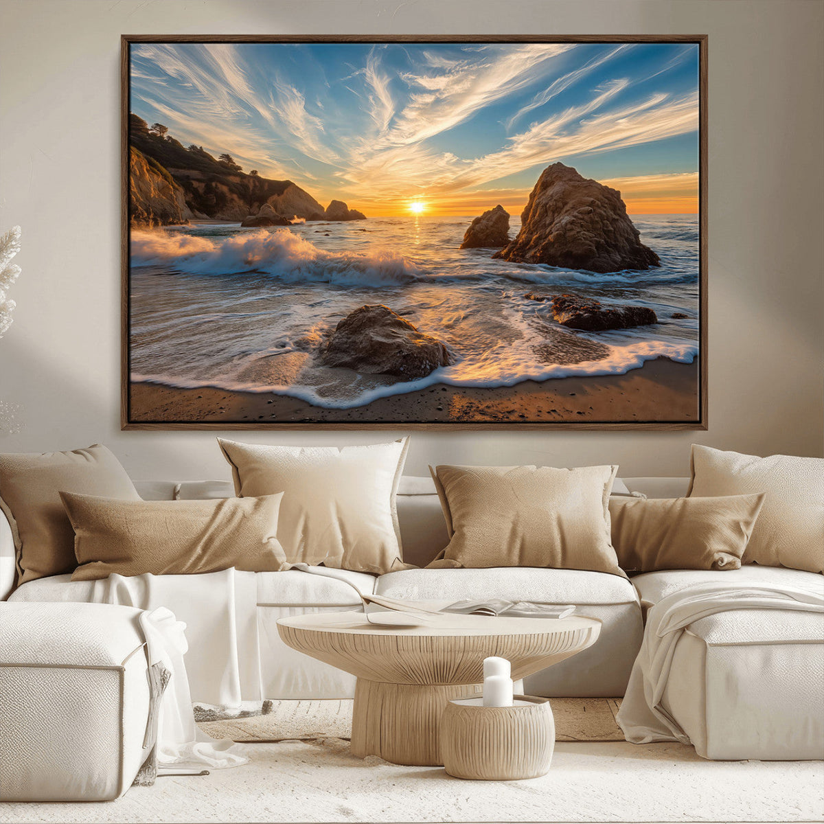 Rocky Ocean Sunset Wall Art Print – Seaside Canvas Dramatic