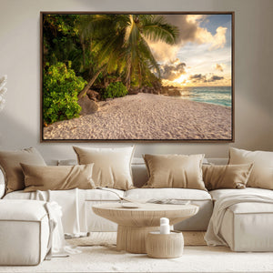 Tropical beach sunset, palm trees, white sand, ocean waves,