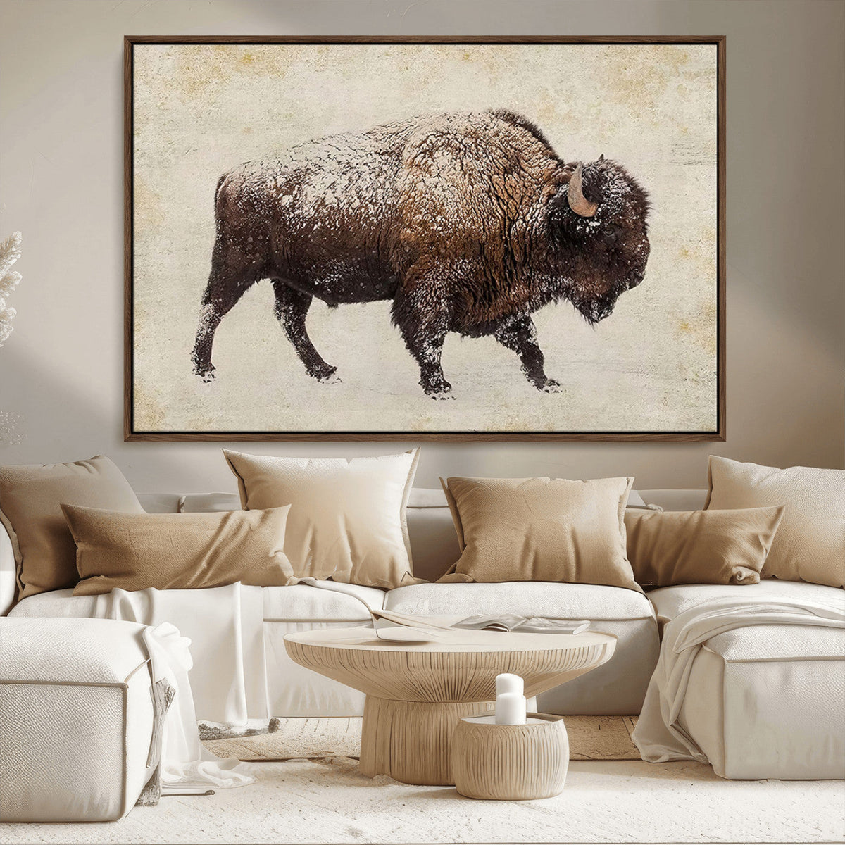Snow-dusted bison silhouette textured vintage style rugged