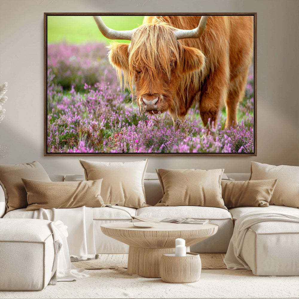 Highland Cow Wall Art Canvas Print – Framed Purple Flowers