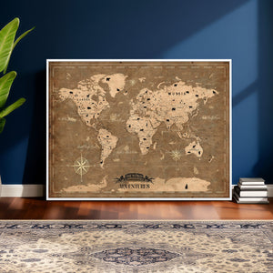 Custom Push Pin World Map Wall Art Canvas Print – Personalized Travel Tracker with Pins Framed Large for Home and Office Decor