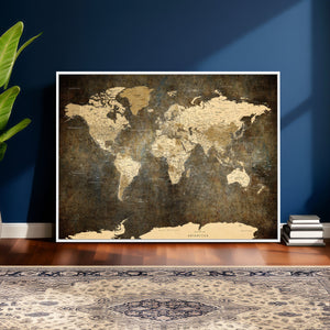 Large Framed Vintage World Map Wall Art Print for Home Wall