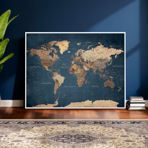 Navy Blue World Map Canvas Print – Framed Travel Map Wall