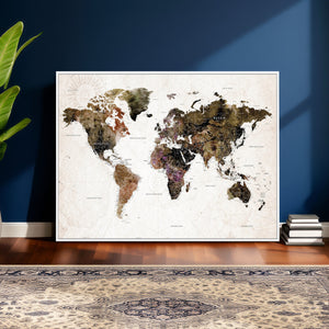 Watercolor World Map Print - Large Wall Art Canvas Print for