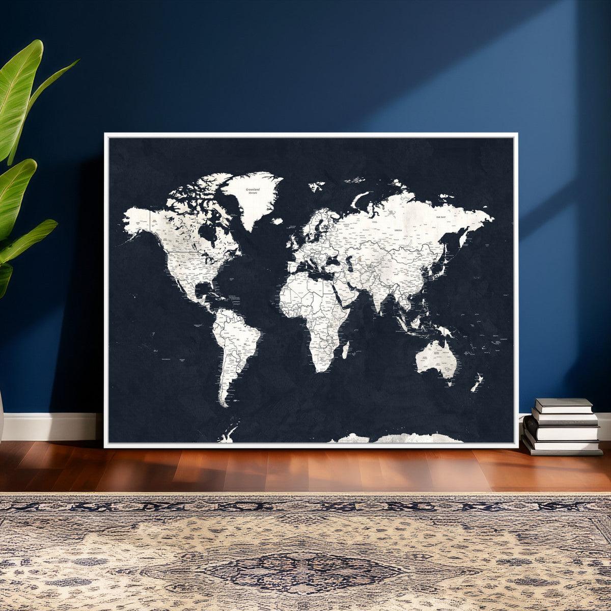 Black World Map Wall Art Canvas Print for Home Office and
