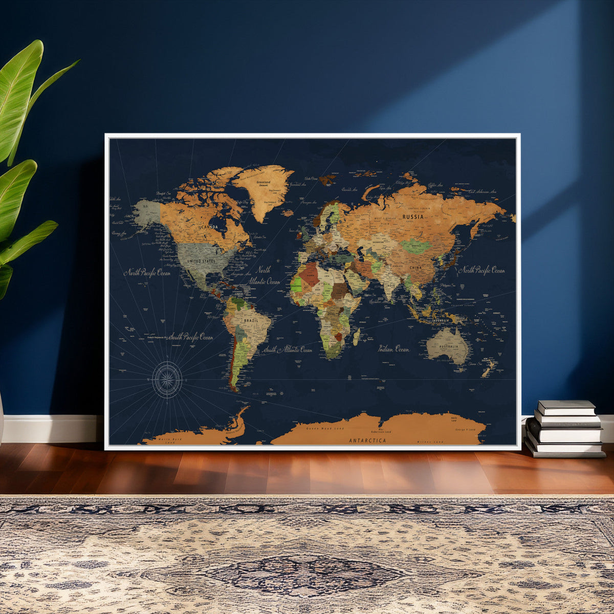 Modern World Map Canvas Print – Framed Detailed Map of the