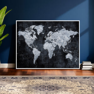 Black World Map Canvas Print – Detailed Map for Couples and
