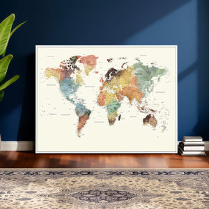 Framed World Map Wall Art Canvas Print for Living Room and