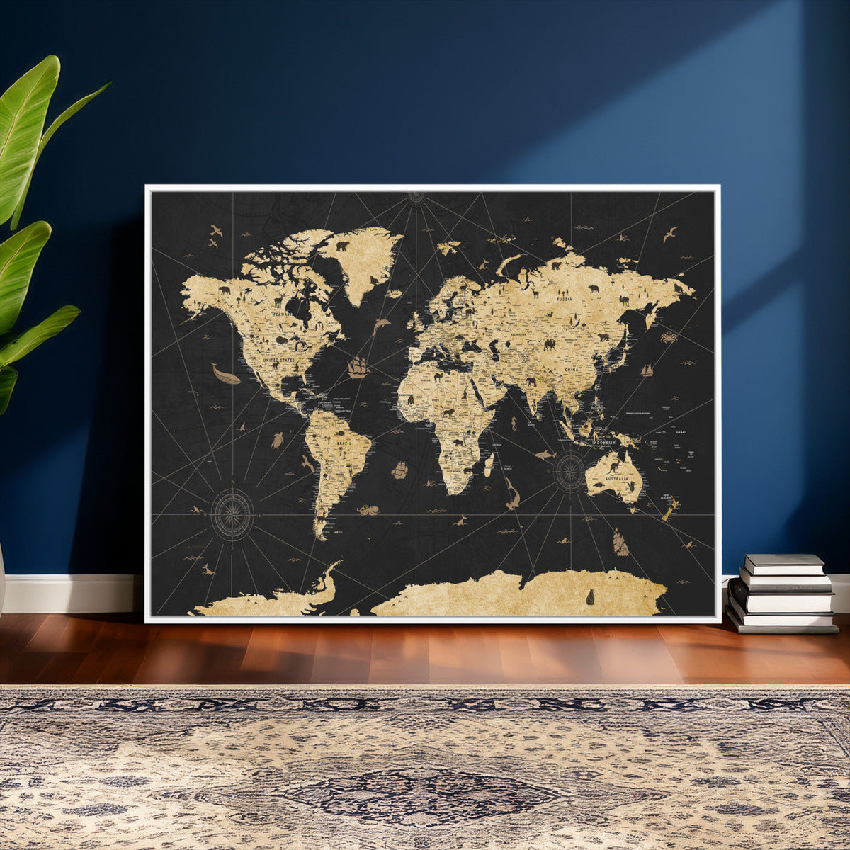 Vintage Blue and Brown World Map Canvas Wall Art – Framed