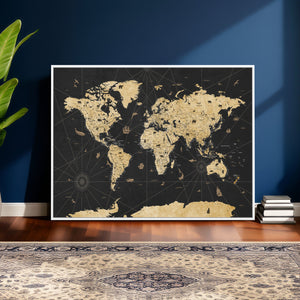 Vintage Blue and Brown World Map Canvas Wall Art – Framed