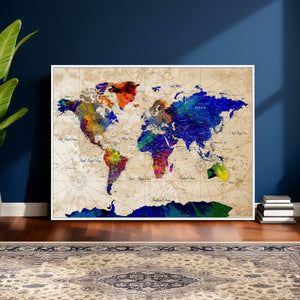 Watercolor World Map Canvas Print – Framed Wall Art for