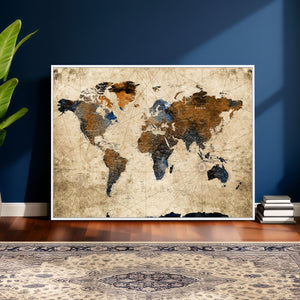 World Map Wall Art Canvas Print, Modern Decorative Framed