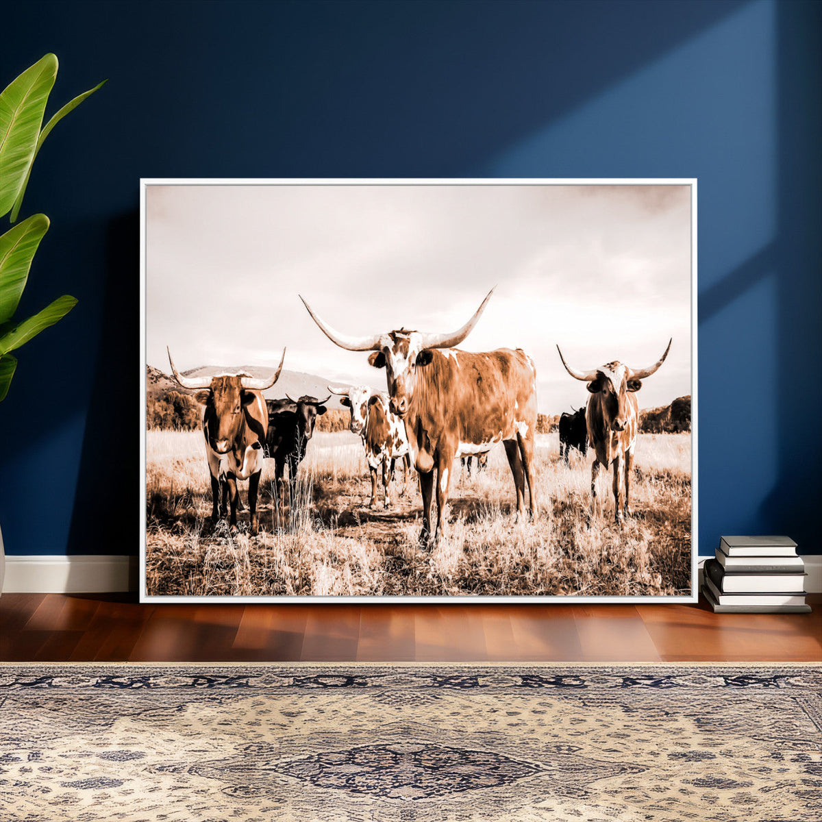Texas Longhorn Cattle Wall Art Canvas Print, Sepia Western