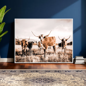 Texas Longhorn Cattle Wall Art Canvas Print, Sepia Western