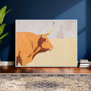 Minimal Longhorn Bull Wall Art Canvas Print, Neutral Western