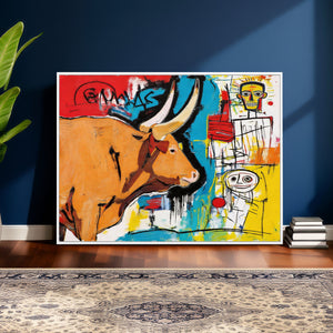 Basquiat Style Bull Graffiti Wall Art Canvas Print, Street
