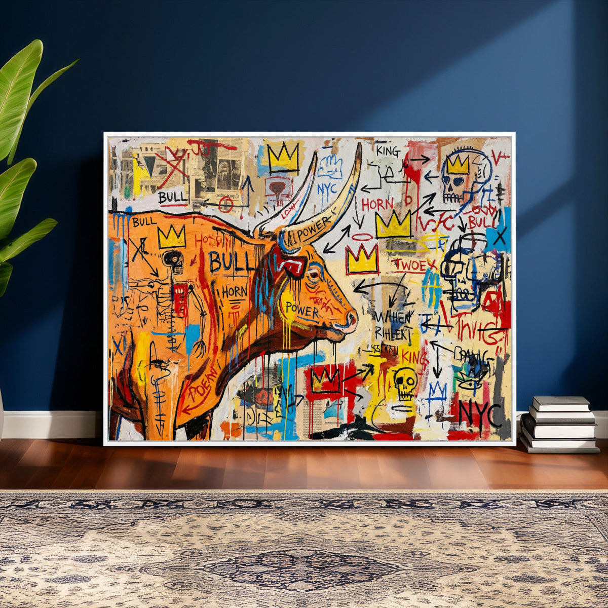 Basquiat Style Bull Graffiti Wall Art Canvas Print, Street