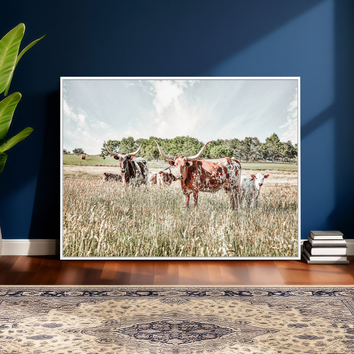 Texas Longhorn Cattle Wall Art Canvas Print, Rustic Ranch