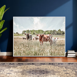 Texas Longhorn Cattle Wall Art Canvas Print, Rustic Ranch