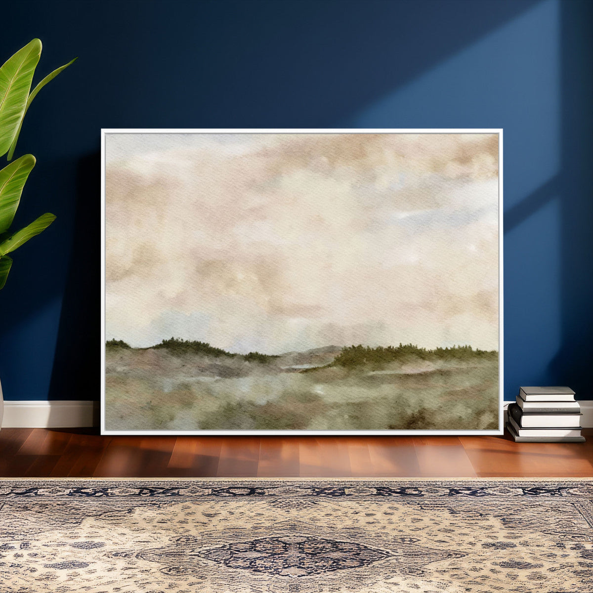 Muted Watercolor Hill Landscape Print — Beige Taupe Cloudy