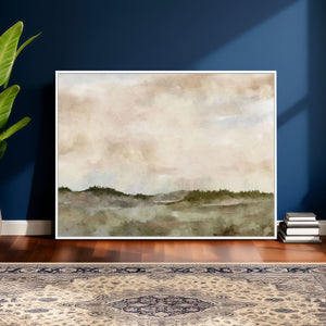 Muted Watercolor Hill Landscape Print — Beige Taupe Cloudy