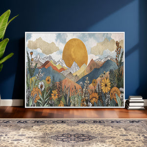 Boho Mountain Landscape Large Wall Art, Horizontal Gold