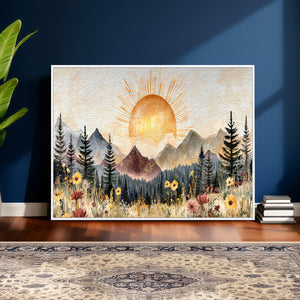 Boho Mountain Landscape Large Wall Art, Horizontal Gold
