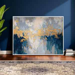 Blue Gold Abstract Large Framed Canvas Wall Art, Modern